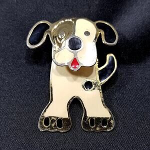 Vintage Spotted Dog Brooch, Lightweight Gold Tone Enamel White Dog Black Spots